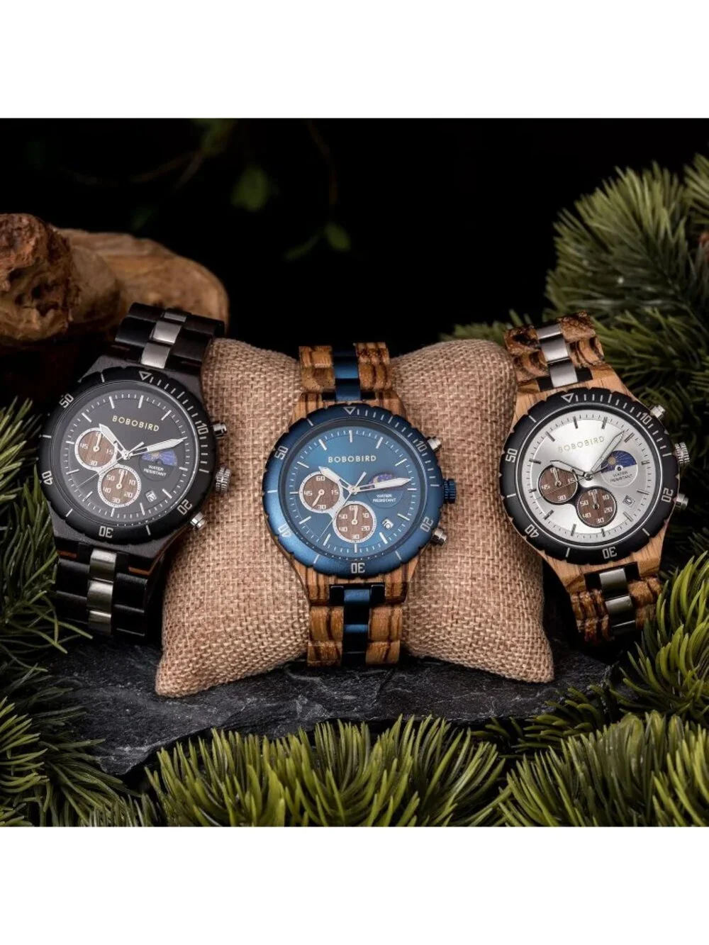 Men's Silver Stainless Steel Chronograph Sandalwood Alloy Quartz Wooden Watch